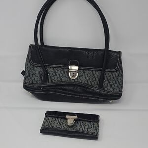 Daisy Fuentes Black and Gray Monogram Shoulder Bag with Matching Wallet